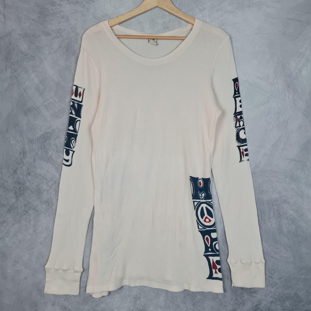 Vintage Y2K Lucky Brand Thermal Shirt Mens XL White Hippy Spellout Sleeve Hit